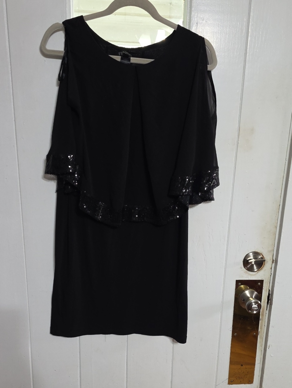 Enfocus Petite Womens Dress Black W/Sequins Sheer Cape Overlay Sleeveless 8P EUC